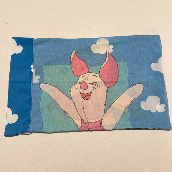 Vtg 2 Disney Winnie The Pooh Piglet Standard Pillow Case Blue White Clouds - Picture 15 of 16